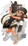  1girl backwards_hat bangs baseball_cap black_eyes black_hair black_shorts blunt_bangs closed_mouth commentary dated diagonal-striped_background diagonal_stripes domino_mask fang harutarou_(orion_3boshi) hat highres holding holding_weapon ink_tank_(splatoon) inkling leaning_back logo long_hair looking_at_viewer mask pointy_ears sandals shirt shorts sleeveless sleeveless_shirt smile solo splatoon_(series) splatoon_2 standing standing_on_one_leg striped striped_background tan tentacle_hair weapon white_footwear white_shirt 