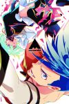  belt black_gloves black_jacket blue_eyes blue_hair chest cravat fire galo_thymos gloves green_hair half_gloves highres jacket lio_fotia looking_at_viewer male_focus open_mouth promare saamon_(dream81come) shirtless smile spiky_hair upside-down violet_eyes 