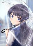  1girl black_hair blue_eyes blurry blurry_background blush closed_mouth commentary depth_of_field from_behind highres holding holding_umbrella idolmaster idolmaster_million_live! long_hair looking_at_viewer looking_back mogami_shizuka outdoors rain see-through short_sleeves smile so_korokoro umbrella upper_body water_drop 