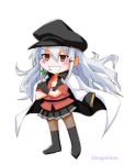  1girl akichin_(atelier_baguri) black_footwear black_gloves black_legwear black_skirt boots flat_cap gangut_(kantai_collection) gloves grey_hair grin hat jacket jacket_on_shoulders kantai_collection long_hair military military_hat military_jacket military_uniform orange_eyes pantyhose peaked_cap red_shirt shirt short_sleeves skirt smile uniform white_jacket 