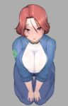  1girl bangs blush bodysuit breasts closed_mouth collar fortune_(last_origin) hands_on_own_knees highres kneeling large_breasts last_origin looking_at_viewer moebell0 open_clothes pants parted_bangs red_eyes redhead shirt short_hair sweat white_shirt 