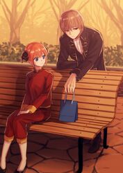  1boy 1girl black_footwear black_jacket blue_eyes brown_hair day double_bun gintama hands_on_lap jacket kagura_(gintama) long_sleeves looking_away okita_sougo on_bench open_clothes open_jacket orange_hair outdoors pants red_eyes red_pants red_shirt shiny shiny_hair shirt short_hair sitting szzz_k 