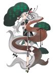  1girl appi bangs bonsai full_body grey_hair long_hair original plant ponytail simple_background solo standing tassel tree white_background 