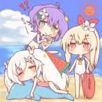  3girls ahoge ayanami_(azur_lane) azur_lane bangs barefoot beach bendy_straw bikini blonde_hair blue_bikini blue_sailor_collar blue_sky blush brown_eyes casual_one-piece_swimsuit chibi clouds cloudy_sky crown cup day drinking_glass drinking_straw eyebrows_visible_through_hair flower food green_eyes hair_between_eyes hair_flower hair_ornament hair_ribbon high_ponytail holding holding_cup holding_food horizon inflatable_dolphin inflatable_toy innertube javelin_(azur_lane) laffey_(azur_lane) long_hair mini_crown multiple_girls navel ocean one-piece_swimsuit orange_neckwear outdoors pink_swimsuit ponytail popsicle purple_hair red_eyes red_ribbon ribbon sailor_collar sakurato_ototo_shizuku sand sky sparkle standing sun_(symbol) swimsuit tilted_headwear tropical_drink twintails v-shaped_eyebrows very_long_hair water watermelon_bar white_flower white_hair white_swimsuit 