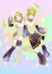  1boy 1girl :d bangs bass_clef blonde_hair blue_eyes bow brother_and_sister collar detached_sleeves eyebrows_visible_through_hair floating hair_bow hair_ornament hair_ribbon hairclip headphones high_collar holding_hands kagamine_len kagamine_rin leg_up looking_at_viewer naoko_(naonocoto) navel navel_cutout necktie neon_trim open_mouth ribbon see-through short_hair shorts siblings sleeveless smile sparkle sparkle_background star swept_bangs treble_clef twins vocaloid waving white_shorts 