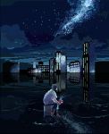  androgynous city cityscape clouds cup facing_away kayo_(46996116) mug night night_sky original pixel_art reflection scenery shirt sitting sky solo star_(sky) starry_sky water white_shirt 