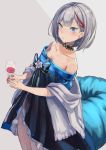  1girl admiral_graf_spee_(a_novel_anniversary)_(azur_lane) admiral_graf_spee_(azur_lane) alcohol azur_lane blue_dress blue_eyes blue_ribbon breasts collarbone commentary_request cowboy_shot cup dress drinking_glass earrings highres holding jewelry looking_at_viewer medium_breasts multicolored_hair off-shoulder_dress off_shoulder parted_lips redhead ribbon shawl short_hair silver_hair solo standing streaked_hair wine wine_glass yu_ni_t 