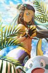  1girl absurdres aqua_eyes aqua_hair armband bare_arms bare_shoulders bird black_hair blue_eyes blue_sky bun_cover closed_mouth clouds cup dark_skin day drinking_straw earrings floating_hair gen_3_pokemon gen_8_pokemon gloves hair_bun hair_ornament highres holding holding_cup hoop_earrings jewelry kurisustinah lips long_hair looking_at_viewer makeup midriff multicolored_hair open_mouth outdoors pendant pokemon pokemon_(creature) pokemon_(game) pokemon_swsh rurina_(pokemon) seagull shorts sidelocks sky smile sobble solo_focus sports_bra sportswear stomach twisted_torso two-tone_hair wingull 