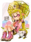  1girl ankle_boots autobomb_(splatoon) bangs black_shorts black_skirt blunt_bangs boots closed_mouth commentary cross-laced_footwear domino_mask drawstring flower green_hair harutarou_(orion_3boshi) highres holding holding_umbrella holding_weapon hood hoodie ink_tank_(splatoon) inkling inkling_(language) lace-up_boots leaning_back light_frown logo long_sleeves looking_at_viewer mask miniskirt pink_footwear pink_shirt pointy_ears polka_dot print_skirt rain shadow shirt shorts shorts_under_skirt single_vertical_stripe sitting skirt solo splat_brella_(splatoon) splatoon_(series) splatoon_2 tentacle_hair umbrella violet_eyes weapon 