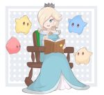  1girl blonde_hair blue_dress blue_eyes book chair chiko_(mario) chocomiru commentary crown dress earrings english_commentary full_body hair_over_one_eye jewelry long_hair long_sleeves super_mario_bros. open_book open_mouth polka_dot polka_dot_background rocking_chair rosalina sitting smile star star_earrings storybook super_mario_galaxy 