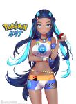  1girl absurdres armlet ass_visible_through_thighs bangs bare_shoulders blue_eyes breasts copyright_name dark_skin dlgksk6965 earrings eyebrows_visible_through_hair highres holding hoop_earrings jewelry long_hair looking_at_viewer multicolored_hair navel number pokemon pokemon_(game) pokemon_swsh rurina_(pokemon) shorts signature simple_background smile solo sports_bra standing stomach two-tone_hair white_background wristband 