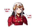  1girl blush braid breasts closed_mouth commentary conope crown double_bun dress earrings edelgard_von_hresvelgr_(fire_emblem) english_commentary english_text fire_emblem fire_emblem:_three_houses gold_trim hair_ornament horn_ornament horns jewelry lips looking_at_viewer medium_breasts older ornament red_dress serious short_hair signature simple_background solo violet_eyes white_background white_hair 