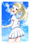  1girl :d absurdres bangs blonde_hair blue_sky blunt_bangs blush clouds cowboy_shot floating_hair green_eyes highres lillie_(pokemon) long_hair looking_at_viewer miniskirt open_mouth pleated_skirt pokemon pokemon_(game) pokemon_sm shirt short_sleeves skirt sky smile solo standing white_shirt white_skirt yuihiko 