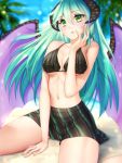  1girl artist_name beach bikini breasts commission day demon_girl demon_wings gigamessy green_eyes green_hair horns large_breasts long_hair navel original solo succubus swimsuit very_long_hair wings 
