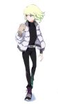  1boy belt blonde_hair bubble_tea casual cup drinking_straw highres holding holding_cup jacket kannoiimituhiko lio_fotia long_sleeves male_focus open_mouth pants promare shoes sneakers solo 