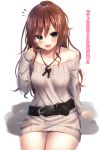  1girl :d arm_support ass_visible_through_thighs bang_dream! bangs belt belt_buckle black_belt blush brown_hair brown_sweater buckle collarbone commentary_request dress earrings eyebrows_visible_through_hair grey_eyes hair_between_eyes hand_up high_ponytail highres imai_lisa jewelry long_hair long_sleeves looking_at_viewer off-shoulder_sweater off_shoulder open_mouth panties pink_panties ponytail ramchi ribbed_sweater shadow signature sitting sleeves_past_wrists smile solo sweater sweater_dress translated underwear v-shaped_eyebrows very_long_hair white_background 