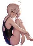 1girl ahoge akieda artoria_pendragon_(all) barefoot black_swimsuit blonde_hair braid commentary_request crossed_legs crown_braid dilated_pupils fate/grand_order fate/stay_night fate_(series) french_braid full_body hair_bun highres leg_hug looking_at_viewer saber_alter simple_background solo swimsuit white_background yellow_eyes 