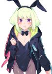  1boy animal_ears black_jacket black_leotard bunnysuit crossdressinging detached_collar earrings fake_animal_ears green_hair highres jacket jewelry leotard lio_fotia looking_at_viewer male_focus moegi0926 pout promare rabbit_ears strapless strapless_leotard violet_eyes 