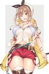  1girl ;d arm_behind_back atelier_(series) atelier_ryza belt blush breasts brown_eyes brown_hair brown_legwear eyebrows_visible_through_hair grey_background hair_ornament hairclip hat jewelry kyarotto_(zenkixd) large_breasts midriff navel necklace one_eye_closed open_mouth red_shorts reisalin_stout short_hair short_shorts shorts smile solo standing star teeth thigh-highs thighs upper_teeth white_headwear white_legwear 