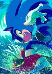  1boy animal blue_theme english_commentary ezume_(rosehip) fangs gloves green_eyes grin hedgehog highres mario_&amp;_sonic_at_the_tokyo_2020_olympic_games mario_and_sonic_at_the_olympic_games nintendo no_humans no_pants pose red_footwear sega smile solo sonic sonic_the_hedgehog splashing super_smash_bros. surfing water 