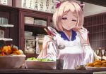  1girl aki_rosenthal_(character) apron blue_kimono bottle commentary cooking counter croquette cup drinking_glass floating_hair flyer hair_ornament holding_ladle hololive japanese_clothes kimono kitchen konkito ladle long_hair low_twintails one_eye_closed plate restaurant salad smile tasting twintails upper_body violet_eyes virtual_youtuber 