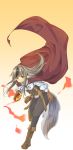  1girl animal_ears black_hair boots brown_gloves cape closed_mouth fang fire_emblem fire_emblem_if full_body fuussu_(21-kazin) gloves gradient gradient_background grey_hair highres holding long_hair long_sleeves multicolored_hair pants simple_background solo stone streaked_hair tail velour_(fire_emblem_if) wolf_ears wolf_tail 