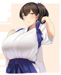  1girl blue_skirt blush breasts brown_eyes brown_hair commentary_request eyebrows_visible_through_hair hair_between_eyes hakama hakama_skirt highres japanese_clothes kaga_(kantai_collection) kantai_collection large_breasts looking_at_viewer open_mouth ponytail ribbon ryuun_(stiil) short_hair side_ponytail simple_background skirt solo tasuki tsurime upper_body 