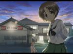  1girl absurdres arms_behind_back artist_name backlighting bangs black_neckwear blouse brown_eyes brown_hair building car clouds cloudy_sky coca-cola commentary_request dated dog eyebrows_visible_through_hair girls_und_panzer green_skirt ground_vehicle head_tilt highres letterboxed long_sleeves looking_at_viewer maruyama_saki miniskirt motor_vehicle neckerchief ooarai_school_uniform parted_lips pleated_skirt purple_sky reiwa school_uniform serafuku short_hair skirt sky solo standing tonan_leopard twilight white_blouse 