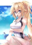  1girl ahoge black-framed_eyewear blonde_hair blue_eyes blush breast_hold breasts clouds collarbone commentary_request competition_swimsuit day dolphin eyebrows_visible_through_hair fate/grand_order fate_(series) glasses hair_between_eyes hane_yuki highres jeanne_d&#039;arc_(fate)_(all) jeanne_d&#039;arc_(swimsuit_archer) large_breasts long_hair looking_at_viewer ocean one-piece_swimsuit smile solo sparkle swimsuit thighs very_long_hair wet whistle whistle_around_neck 