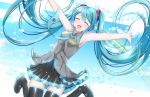  1girl :d ^_^ aqua_hair aqua_neckwear armpits bare_shoulders beamed_eighth_notes beamed_sixteenth_notes belt black_skirt blue_sky blush closed_eyes clouds cloudy_sky commentary detached_sleeves eighth_note grey_shirt hair_ornament hatsune_miku headset highres jumping legs_up long_hair musical_note necktie open_mouth outstretched_arms quarter_note rainbow shirt skirt sky sleeveless sleeveless_shirt smile solo staff_(music) star supo01 thigh-highs twintails very_long_hair vocaloid zettai_ryouiki 