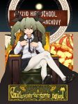  1girl anchovy anzio_school_uniform bangs belt black_belt black_cape black_footwear black_neckwear black_ribbon black_skirt cape cover cover_page crossed_legs doujin_cover dress_shirt drill_hair english_text eyebrows_visible_through_hair food girls_und_panzer green_hair grin hair_ribbon holding italian_text konoshita_kiyomasa loafers long_hair long_sleeves looking_at_viewer miniskirt necktie pantyhose pleated_skirt red_eyes ribbon riding_crop school_uniform shirt shoes sitting skirt smile solo sparkle throne twin_drills twintails white_legwear white_shirt 