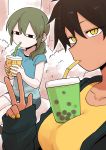  &lt;o&gt;_&lt;o&gt; 2girls absurdres bare_arms black_eyes breasts brown_hair collarbone commentary_request cup cutoffs dark_skin day denim denim_shorts drinking drinking_straw eyebrows_visible_through_hair fingernails green_hair hair_between_eyes hand_up highres holding holding_cup igarashi_futaba_(shiromanta) kurobe_natsumi_(shiromanta) long_hair long_sleeves multiple_girls nail_polish orange_eyes outdoors ponytail self_shot senpai_ga_uzai_kouhai_no_hanashi shiromanta shirt short_hair short_sleeves shorts sitting sleeves_past_wrists slit_pupils t-shirt tawawa_challenge v 