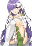  1girl :d absurdres bandage_on_face bandage_over_one_eye bandaged_arm bandaged_leg bandages bangs double_v eyebrows_visible_through_hair fate/grand_order fate_(series) highres kingprotea long_hair moss open_mouth phano_(125042) purple_hair sarashi sitting smile solo v very_long_hair violet_eyes white_background 