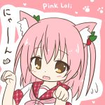  1girl animal_ear_fluff animal_ears bangs blush brown_hair cat_ears eyebrows_visible_through_hair fang flying_sweatdrops hair_between_eyes hair_bobbles hair_ornament hands_up kemonomimi_mode neckerchief open_mouth original outline paw_background paw_pose pink_background pink_hair pink_neckwear red_sailor_collar rinechun sailor_collar school_uniform serafuku shirt short_sleeves solo translated two_side_up white_outline white_shirt 