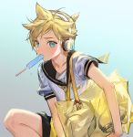  1boy aqua_eyes bag bangs bass_clef blonde_hair commentary eating food food_in_mouth goggles headphones holding holding_bag kagamine_len light_blush looking_at_viewer male_focus naoko_(naonocoto) necktie popsicle popsicle_stick sailor_collar school_uniform shirt short_hair short_ponytail short_sleeves shoulder_bag spiky_hair squatting sweat vocaloid white_shirt yellow_neckwear 