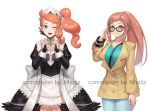  2girls adjusting_eyewear apron artist_name black_gloves blue_eyes bracelet brooch brown_hair commission company_connection cosplay costume_switch creatures_(company) crossed_arms eyelashes felicia_(fire_emblem_if) felicia_(fire_emblem_if)_(cosplay) fingerless_gloves fire_emblem fire_emblem_if game_freak glasses gloves green_eyes hair_ornament heart heart_hair_ornament heart_hands intelligent_systems jewelry light_blush looking_at_viewer maid maid_apron maid_headdress multiple_girls natsuyu nintendo olm_digital one_eye_closed open_mouth pokemon pokemon_(game) pokemon_swsh side_ponytail smile sonia_(pokemon) sonia_(pokemon)_(cosplay) trench_coat 