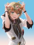  1boy ahoge arms_up black_shirt blonde_hair buttons cable collared_shirt commentary flower green_eyes head_wreath headphones kagamine_len leaf looking_at_viewer male_focus naoko_(naonocoto) neck_ribbon open_mouth orange_flower orange_rose pink_flower pink_rose project_diva_(series) red_flower red_rose ribbon rose shirt short_ponytail smile solo upper_body vocaloid white_edge_(module) white_flower white_hoodie wristband 