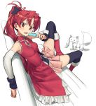  1girl 1other absurdres bare_shoulders bench black_legwear boots bow commentary_request detached_sleeves dress food hair_bow highres ikezawa_shin kyubey long_hair looking_to_the_side magical_girl mahou_shoujo_madoka_magica ponytail popsicle red_dress red_eyes redhead sakura_kyouko simple_background sitting thigh-highs white_background 