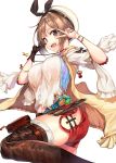  1girl :d absurdres atelier_(series) atelier_ryza belt black_gloves breasts brown_eyes brown_hair brown_legwear commentary_request double_v eyebrows_visible_through_hair gloves gu_luco hair_ornament hairclip hat highres looking_at_viewer medium_breasts open_mouth red_shorts reisalin_stout short_hair short_shorts shorts simple_background single_glove smile solo teeth thigh-highs thighs upper_teeth v white_background white_headwear 
