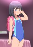  1girl backpack bag bangs bed black_hair blunt_bangs blurry bubukka collarbone competition_swimsuit covered_navel cowboy_shot depth_of_field flat_chest himenogi_rinze indoors looking_at_viewer love_r one-piece_swimsuit purple_swimsuit randoseru short_hair solo standing swimsuit violet_eyes 