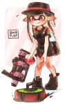  .52_gal_(splatoon) 1girl bangs black_footwear black_hair black_headwear black_shirt black_shorts blunt_bangs closed_mouth commentary curling_bomb_(splatoon) dated diagonal-striped_background diagonal_stripes domino_mask eighth_note gradient_hair gym_shorts harutarou_(orion_3boshi) hat hat_ribbon highres holding holding_weapon ink_tank_(splatoon) inkling leaning_forward mask multicolored_hair musical_note outside_border paint_splatter pink_background pointy_ears print_shirt redhead ribbon shirt shorts smile snake solo sparkle splatoon_(series) splatoon_2 spoken_musical_note standing striped striped_background t-shirt tentacle_hair weapon 