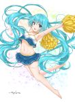  1girl :d absurdres arm_strap armpits arms_up barefoot blue_eyes blue_hair blue_skirt blush cheerleader choker collarbone crop_top eyebrows_visible_through_hair floating_hair full_body groin hair_between_eyes hatsune_miku highres long_hair looking_at_viewer midriff mikoo_o39 miniskirt navel open_mouth pleated_skirt pom_poms shiny shiny_hair signature skirt sleeveless smile solo stomach thigh_strap very_long_hair vocaloid 