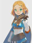  1girl artist_request bangs blonde_hair braid cape crown_braid fingerless_gloves gloves hair_ornament hairclip looking_at_viewer open_mouth pointy_ears princess_zelda short_hair simple_background smile solo the_legend_of_zelda the_legend_of_zelda:_breath_of_the_wild the_legend_of_zelda:_breath_of_the_wild_2 upper_body 