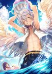  2boys ;d abs angel angel_wings aqua_eyes armpits bangs beach blush clouds cloudy_sky commentary_request day eyebrows_visible_through_hair feathered_wings flower flower_necklace from_above grin hair_between_eyes halo headband hero_(merc_storia) highres innertube jacket jewelry light_brown_hair looking_at_viewer male_focus male_swimwear merc_storia mito_itsuki multiple_boys navel necklace ocean one_eye_closed open_clothes open_jacket open_mouth orthos palm_tree pants partially_submerged shirtless sky sleeveless smile splashing spread_wings swim_trunks swimwear teeth tree unzipped wet white_hair white_wings wings zipper 