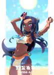  1girl armlet arms_up bare_shoulders beach beads bike_shorts black_hair blue_eyes blue_hair breasts earrings gloves hair_ornament highres hoop_earrings jewelry liline_(liline_01) long_hair midriff multicolored_hair pokemon pokemon_(game) pokemon_swsh rurina_(pokemon) short_shorts shorts small_breasts smile solo sports_bra sportswear sweat two-tone_hair 