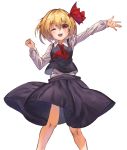  1girl ;d arms_up black_skirt black_vest blonde_hair clenched_hand cravat eyebrows_visible_through_hair feet_out_of_frame hair_between_eyes hair_ribbon highres long_sleeves looking_at_viewer one_eye_closed open_hand open_mouth outstretched_arm red_eyes red_neckwear ribbon rumia shirt short_hair simple_background skirt smile solo standing touhou upper_teeth vest white_background white_shirt wing_collar yanyan_(shinken_gomi) 