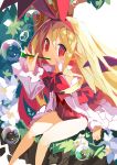  1girl absurdres bare_legs blonde_hair bow breasts bubble demon_wings disgaea flonne flonne_(fallen_angel) hairband highres leotard long_hair makai_senki_disgaea miyakawa106 pointy_ears red_bow red_eyes red_hairband red_leotard sitting small_breasts smile solo wings 