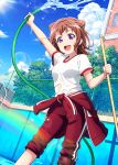  1girl :d arm_up bang_dream! blue_sky broom brown_hair clothes_around_waist clouds day empty_pool holding holding_broom holding_hose hose ink_(pixiv25450915) jacket jacket_around_waist leaning_forward looking_at_viewer open_mouth outdoors pants red_jacket red_pants shiny shiny_hair shirt short_hair short_sleeves sky smile solo toyama_kasumi track_jacket track_pants violet_eyes wet wet_clothes wet_shirt white_shirt 