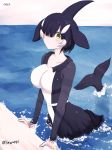  1girl artist_name bangs black_hair blush colalrbone commentary_request dolphin_tail dress frilled_dress frills hair_over_one_eye head_fins in_water kemono_friends killer_whale_(kemono_friends)_(stylecase) long_sleeves looking_at_viewer multicolored_hair niwatori_kokezou orca_(kemono_friends) short_hair solo tail two-tone_hair water white_hair yellow_eyes 