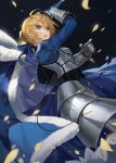  1girl absurdres ahoge armor armored_dress artoria_pendragon_(all) blonde_hair blue_cape blue_dress blue_ribbon braided_bun cape chyoel dress fate/stay_night fate_(series) faulds fur-trimmed_cape fur_trim gauntlets green_eyes hair_between_eyes hair_ribbon highres holding holding_sword holding_weapon open_mouth ribbon saber short_hair solo sword weapon 